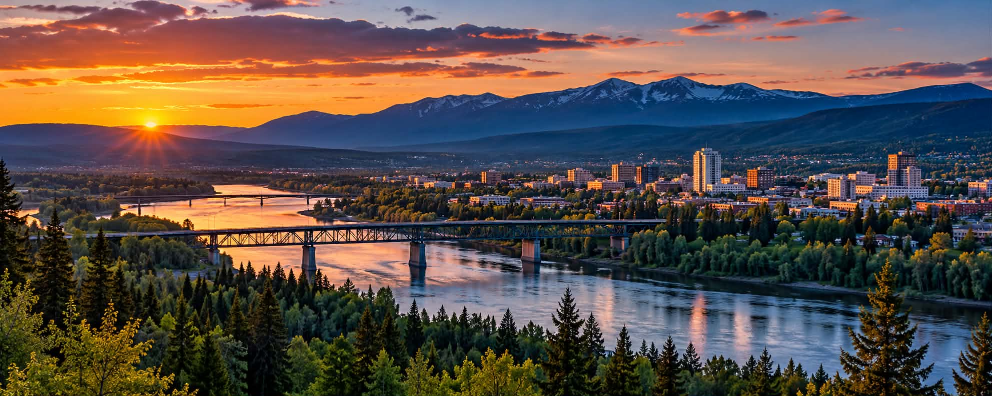 Prince George skyline, bridge, river, forest, and mountains at sunset